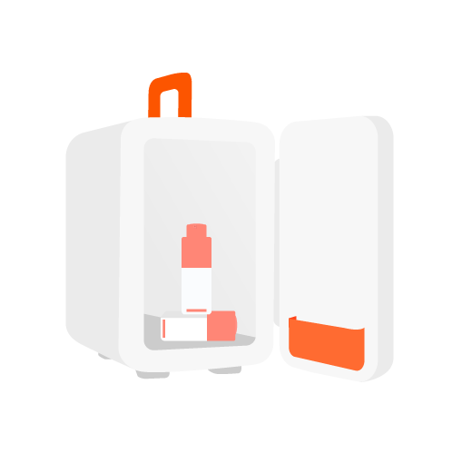 Illustration of a makeup refrigerator open with two C-Tango vitamin C eye cream bottles inside